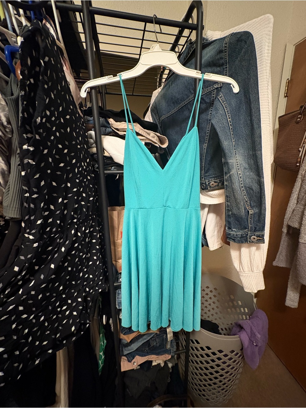Solemio Teal Blue Mini Dress with Spaghetti Straps